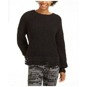 Wynter Women's Crew Neck Pointelle Hem Black Sweater NWT Small #1067